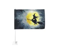 Sorcière volant sur balai drapeau de voiture au clair de lune Clip de fenêtre extérieure 30 x 45 cm Décoration de voiture double face