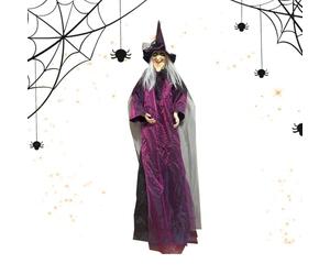Sorcière volante d'Halloween, décoration suspendue activée par le son, yeux rouges, accessoire de capteur de mouvement effrayant pour maison hantée, jardin, porche, entrée, salle de classe