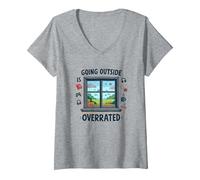 Sortir est surestimé Gamer Homebody Art T-Shirt avec Col en V, Femme, Gris Chiné, XL