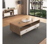 SORVA Table Basse avec 2 tiroirs, Table Centrale de Salon avec Pieds en Bois Massif et Porte de Rangement, Finition chêne, Table de canapé pour Appartement, Salon, thé, décoration de Petits Meuble