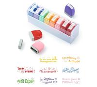 SOSALUK Tampon Enseignant Français 8PCS Boîte Tampon Auto Encreur Enfant Tampons Encreurs Cadeau Professeur Enseignants Tampons Ecole avec Motif Mignon pour Encourager Motiver Élèves