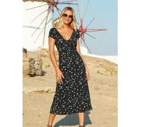 Sosandar Sosandar Black Leopard Print Ruched Neck Midi Dress Black EU 34 (UK 6)