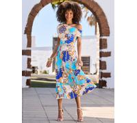 Sosandar Sosandar Blue Baroque Print Off The Shoulder Fit & Flare Midi Dress Blue EU 44 (UK 16)