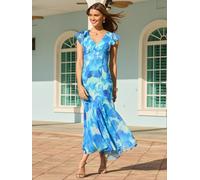 Sosandar Sosandar Blue Floral Print Chiffon Angel Sleeve Dress Blue 40