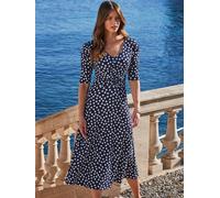 Sosandar Sosandar Blue Spot Print Ruched Front Midi Jersey Dress Blue EU 38 (UK 10)