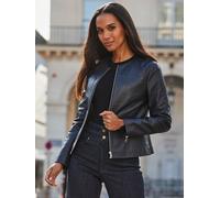 Sosandar Sosandar Blue Zip Front Round Neck Leather Jacket