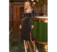 Sosandar Sosandar Brown Leopard Print Velvet Gold Trim Belted Fit & Flare Dress Brown 14