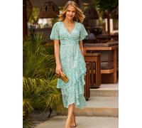 Sosandar Sosandar Green Petite Abstract Print Layered Hem Angel Sleeve Maxi Dress Green 44