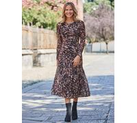 Sosandar Sosandar Natural Animal Print Mesh Ruched Waist Fit and Flare Dress Natural EU 46 (UK 18)
