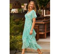 Sosandar Sosandar Petites tailles Abstract Imprimé Layered Hem Angel Sleeve Robe longue Vert EU 36 (UK 8)