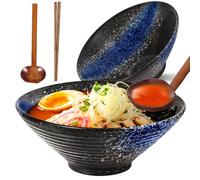 Sosayet Bols à ramen en céramique, 2 Ensembles bol japonais vintage avec baguettes et cuillère, bol en céramique pour Ramen, salade, céréales, 1000 ml, 20 x 20 x 8 cm