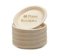 SOSINYA 60 Assiette en bagasse Jetable Rigide biodégradables compostables écologique vaisselle jetable et pratique pique-nique pique-nique restaurant 9''en fibre de canne,pour le dessert steak