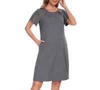 Sosolism Femme Chemise de Nuit Allaitement 3 en 1 Hôpital Maternité Coton Chemise de Nuit Manches Courtes Allaitement Robe avec Poches