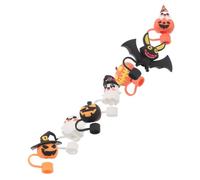 Sosoport 7 Pièces Lot de Couvre-pailles Silicone Halloween Toppers Citrouille Chauve-souris Fantôme Crâne Réutilisables Protection Pailles pour Gobelets
