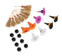 Sosoport Miniature Set Halloween Witch Hats With Broom And Cauldron Tiny Doll House Supplies For Party Decoration And Cosplay
