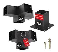 SOTECH SET de montage 12 pièces (4x raccords d'angle + 2x raccords centraux + 6x douilles de sol) carré 100 x 100 mm acier zingué et revêtu par poudre noir pour une protection maximale contre la