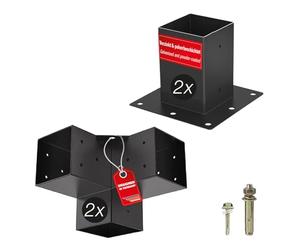 SOTECH SET de montage 4 pièces (2x connecteur d'angle + 2x douille de sol) carré 90 x 90 mm acier galvanisé et revêtement par poudre noir pour une protection maximale contre la corrosion
