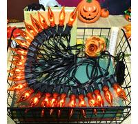 Décorations d'Halloween - Guirlande lumineuse C7 à flamme vacillante pour l'extérieur et l'intérieur, 7,8 m C7 rétro orange scintillante avec 25 + 2 ampoules orange flamme (ampoules E12, noir)