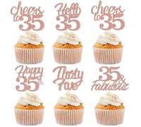 Sotpot Lot de 30 décorations pour cupcakes « Happy 35th Birthday » - Or rose pailleté - 35 Fabulous Cheers to 35 - Décorations de cupcakes pour 35e anniversaire de mariage