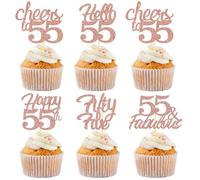 Sotpot Lot de 30 décorations pour cupcakes « Happy 55th Birthday » - Or rose pailleté - 55 Fabulous Cheers to 55 - Décorations de cupcakes pour 55e anniversaire de mariage