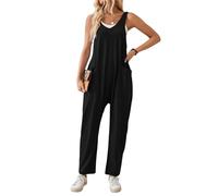 SotRong Combinaison d'été pour femme - Décontractée - Sans manches - Col en V - En jersey - Jambe large - Sarouel - Combinaison ample avec poches, Noir , M