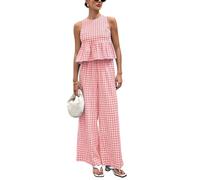 SotRong Ensemble décontracté d'été pour femme en gingham 2 pièces - Haut sans manches à peplum et pantalon à jambe large - Set de détente assorti, rose, XL