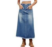 SotRong Jupe longue trapèze en jean délavé à la pierre avec franges déchirées pour femme - Jupe en jean extensible à taille élastique avec deux poches, Mn2234, 44