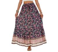 SotRong Jupe midi d'été bohème vintage imprimé floral jupes gitane taille haute robes d'été longues pour vacances à la plage, I-bleu marine, XL