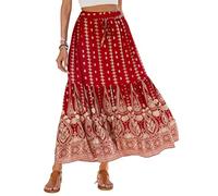 SotRong Jupe midi d'été bohème vintage imprimé floral jupes gitane taille haute robes d'été longues pour vacances à la plage, J-Wine Rouge, S