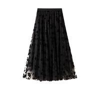 SotRong Jupe plissée en tulle pour femme - Taille haute - Taille trapèze - Robe plissée en mousseline de soie avec décoration florale, a-noir, taille unique
