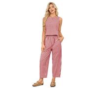 SotRong Tenue d'été vichy 2 pièces, coupe décontractée, motif carreaux, ensemble sans manches et col rond, pantalon court élastique, taille haute