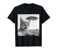 Soucoupe Alien Chat Selfie Choc Gros Plan Nuit Ciel Scène Panique T-Shirt