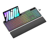 Soueto Clavier sans fil avec 7 couleurs et 4 modes rétroéclairé RVB, clavier ergonomique avec repose-poignet, support de téléphone et tablette, clavier d'ordinateur lumineux 2,4 G avec pavé numérique