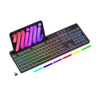 Soueto Clavier sans fil avec rétroéclairage RVB 7 couleurs, clavier d'ordinateur pleine taille avec support pour tablette de téléphone, clavier sans fil rechargeable 2,4 G pour jeux avec
