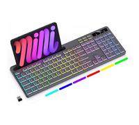 Soueto Clavier sans fil avec rétroéclairage RVB 7 couleurs, clavier d'ordinateur pleine taille avec support de téléphone, clavier de jeu rechargeable 2,4 G avec touches lumineuses, compatible avec Mac