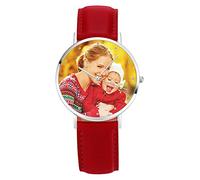 SOUFEEL Montre Photo Personnalisée pour Femme Homme - Montre Gravée Personnalisée avec Nom Personnalisé Montre Unique en Cuir Cadeau Personnalisé pour Lui Famille Copain Argent Rouge 36mm