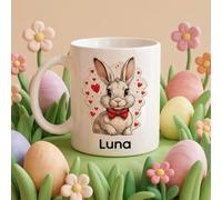 SOUFEEL Mug Personnalisé avec Prénom, Tasse en Céramique de Pâques avec Motifs de Lapins ou D'œufs, Tasse à Café Personnalisable avec Anse, Cadeau pour Homme Femme Couples Pâques Anniversaire, 325ml