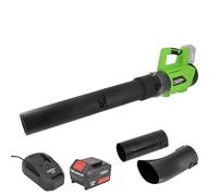 Souffleur à Feuilles Gros débit sans Fil 18V - avec Batterie 4Ah et Chargeur - 2 Vitesses - Max 210 km/h - 2 Embouts Gros débit