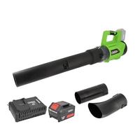 Souffleur à Feuilles Gros débit sans Fil 18V - Batterie 4Ah et Chargeur Super Rapide - 2 Vitesses - Max 210 km/h - 2 Embouts