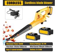 Souffleur à feuilles sans fil, 3000W Sans Fil 21V 5 Vitesses Réglables 120CFM 100MPH + 2x3.0Ah Batterie Chargeur Aspirateur