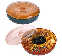 SOUJOY Lot de 2 plateaux de service divisés avec couvercle, plateau à apéritif à 6 compartiments, récipients ronds réutilisables de 25,4 cm, plateau de fête pour bonbons, apéritif, collation, fruits,