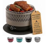 SOUK ONE Barbecue de table avec ventilation active, gril au charbon de bois avec ventilateur, barbecue de camping BBQ extérieur (Gris)