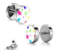 Soul-Cats Fakeplugs Boucles d'oreilles en acier inoxydable Ø 10 mm - Petites étoiles - Unisexe - Blanc Multicolore - Faux plug Boucles d'oreilles sans étirement