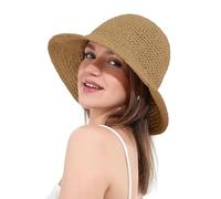 soul young Chapeau de Soleil Femme en Paille Tressée Large Bord Reversible Plage Bob Pliable Été Voyage Protection UV UPF50+(Kaki)