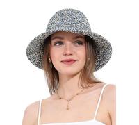 soul young Chapeau de Soleil Femme en Paille Tressée Large Bord Reversible Plage Bob Pliable Été Voyage Protection UV UPF50+(Beige et Bleu)