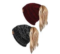 soul young Chapeaux Beanie pour Femmes avec Trou pour Queue de Cheval Bonnets en Tricot Doux Extensibles Thermiques d'hiver(Tailleunique,2Pack-3Ton Noir&2Ton Bourgogne)