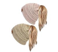 soul young Chapeaux Beanie pour Femmes avec Trou pour Queue de Cheval Bonnets en Tricot Doux Extensibles Thermiques d'hiver(Tailleunique,2Pack-2tonsKhaki&3tons Rose)