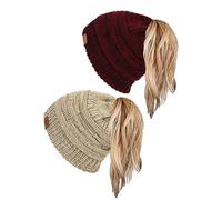 soul young Chapeaux Beanie pour Femmes avec Trou pour Queue de Cheval Bonnets en Tricot Doux Extensibles Thermiques d'hiver(Tailleunique,2Pack-2Ton Khaki&2Ton Bourgogne)