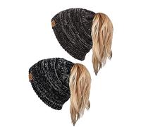 soul young Chapeaux Beanie pour Femmes avec Trou pour Queue de Cheval Bonnets en Tricot Doux Extensibles Thermiques d'hiver(Tailleunique,2Pack-3Ton Noir&3Ton Gris)