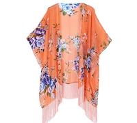 soul young Femmes Floral Couvrez-Vous,Mousseline Chales Cardigan Robes de Chambre et Kimonos Tops Outwear Blouse avec Fringes(Taille Unique)